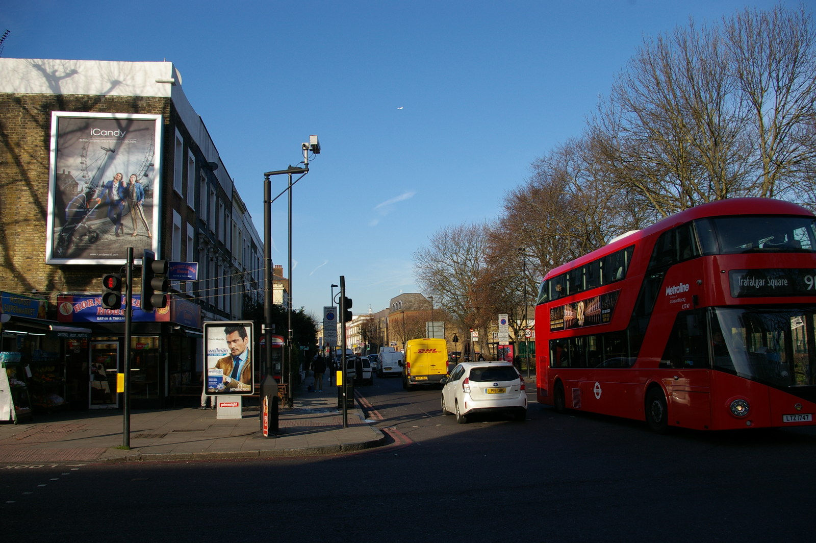 Crossroads of Hornsey Road and Tollington Road, Crouch End, where routes 91 and N91 buses are diverted until 23 October due to a burst water main.