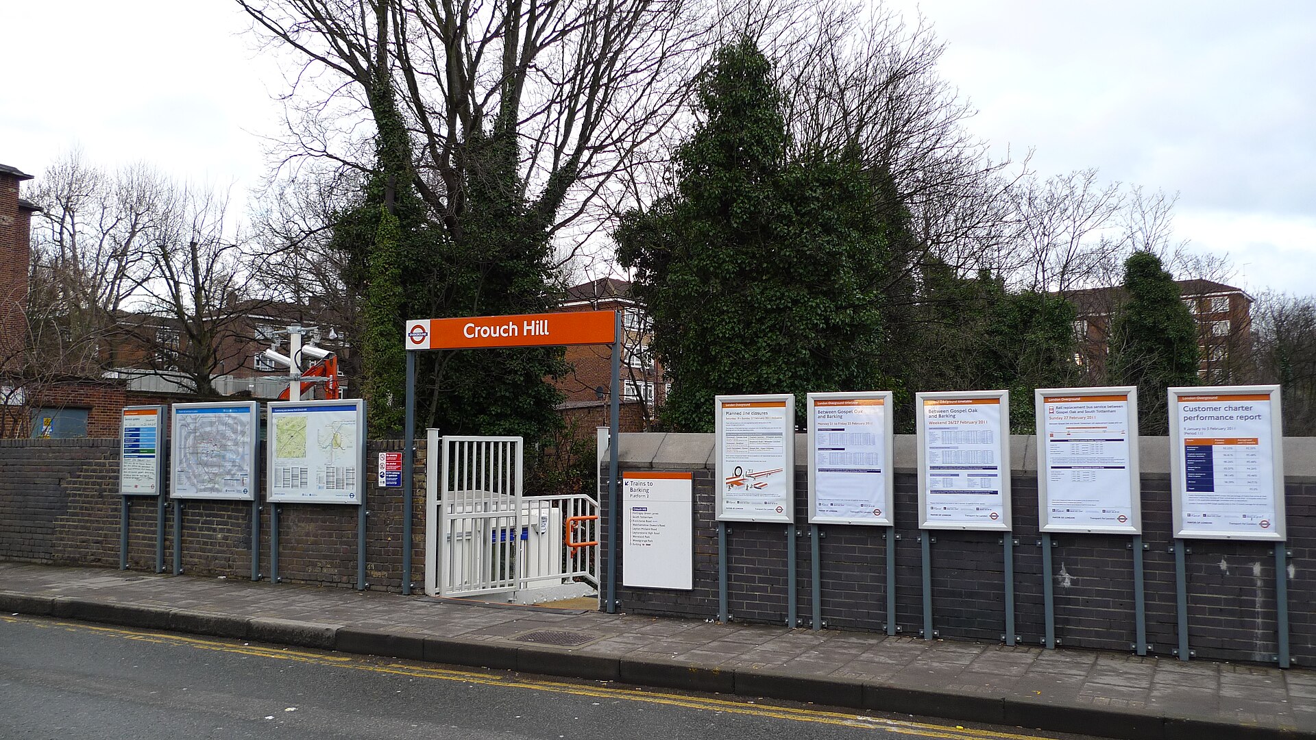 Crouch Hill station entrance on the London Overground Suffragette line.