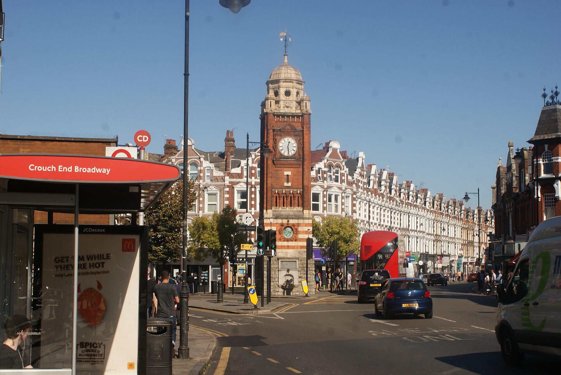 Crouch End Clock Tower, at the fork of the Broadway, funded by public subscription in 1895.