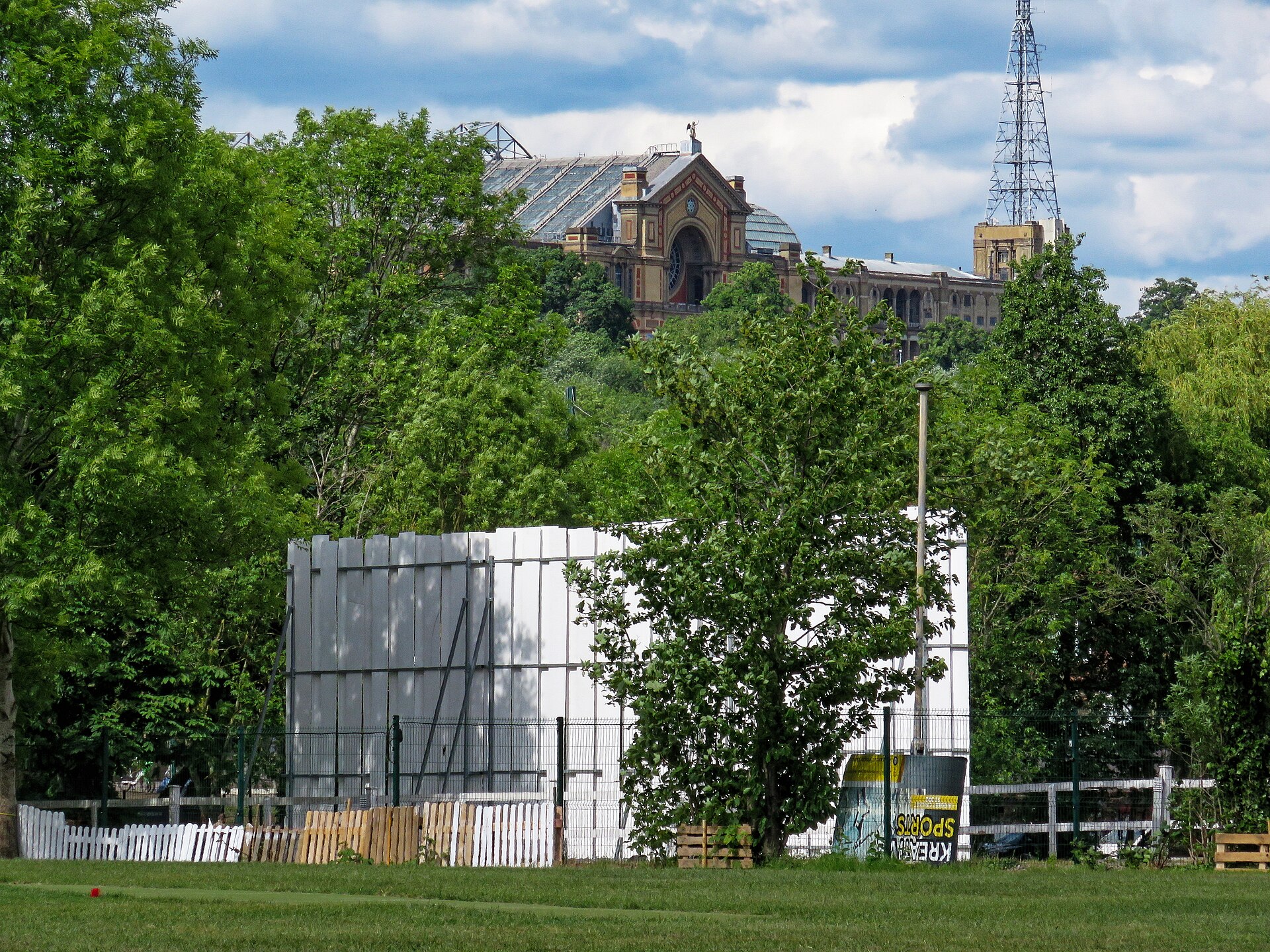 Alexandra Palace from the North London Cricket Club ground in Crouch End, viewed from Park Road.