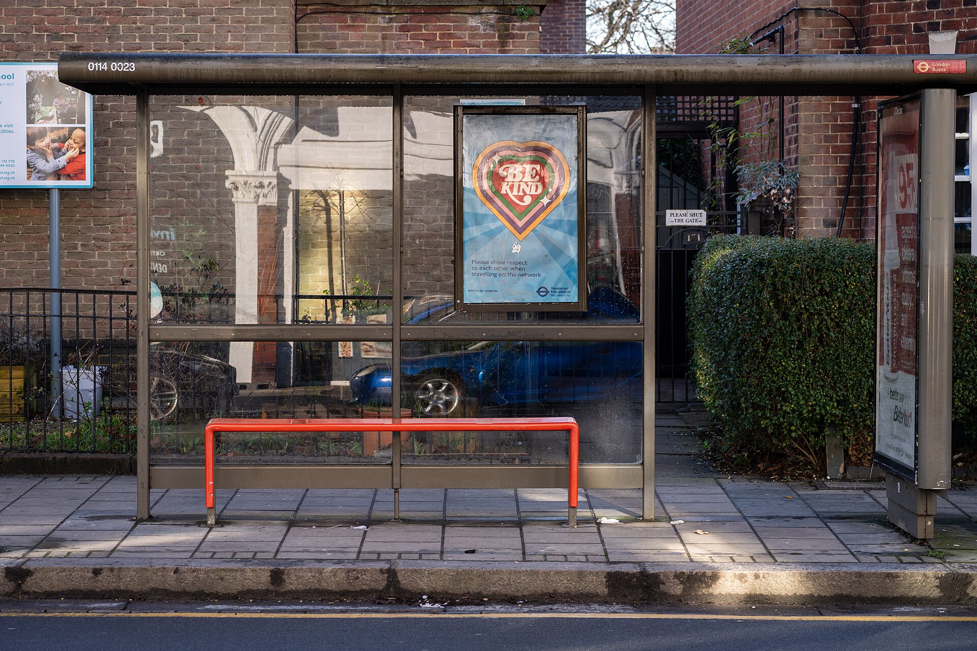 Bus shelter on Fortis Green Road at Birchwood Avenue, Muswell Hill, January 2026.