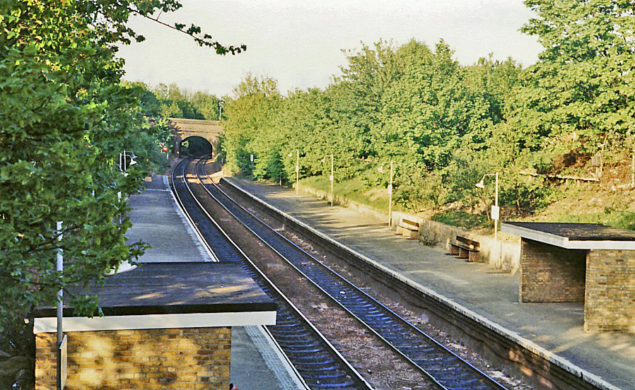 Crouch Hill station on the Suffragette line, viewed looking northeast toward South Tottenham and Barking.